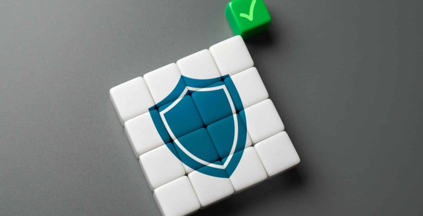 Protection is enabled and working. Shield and green checkmark. Legal protection. Insurance. Safety of investments. Security and legality. Good immunity. Cyber security